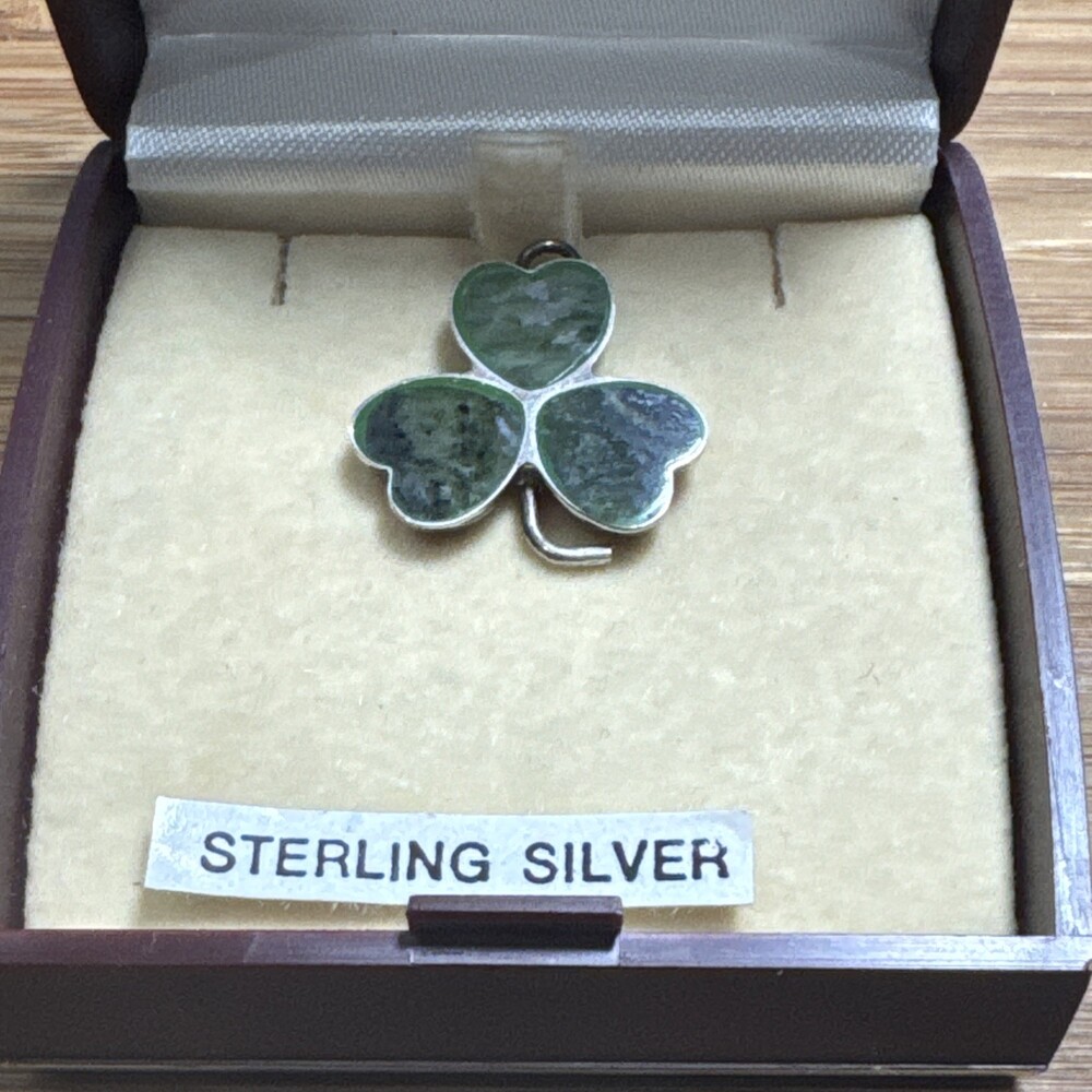 Vintage Connemara Marble Sterling Silver Shamrock Pendant Ireland Boxed